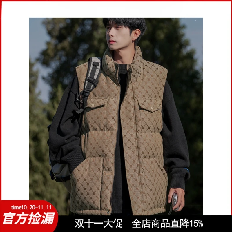 复古满印立领棉马甲男士冬季新款潮牌无袖马夹保暖坎肩背心外套