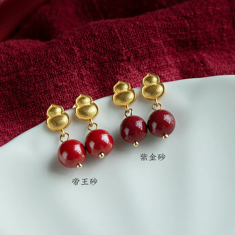 天然辰砂女式925耳钉福禄葫芦朱砂帝王砂耳坠耳帝王砂国风耳坠