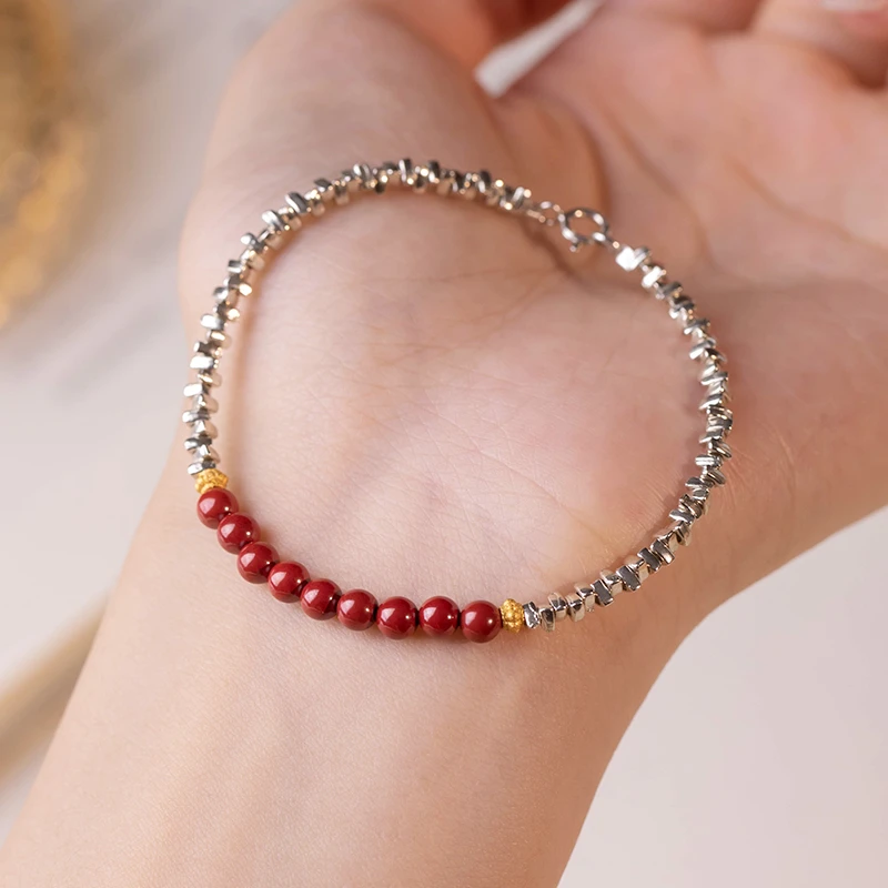 天然辰砂碎银几两银手链女原创小众朱砂手串手腕饰品本命年礼物