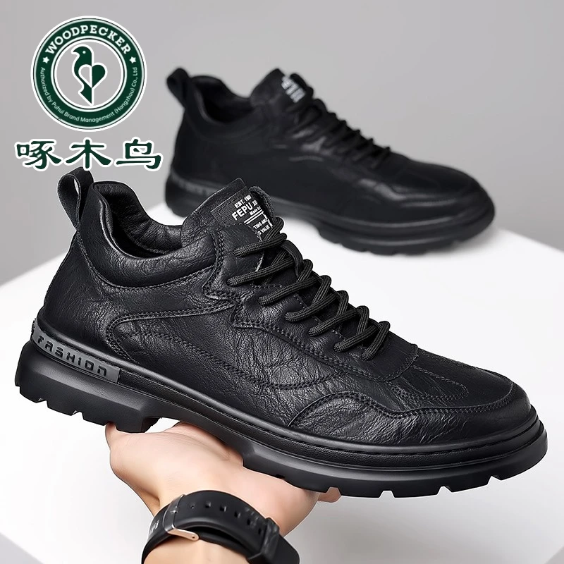 正品啄木鸟男鞋2025新款舒适百搭休闲皮鞋真皮透气工装内增高鞋子