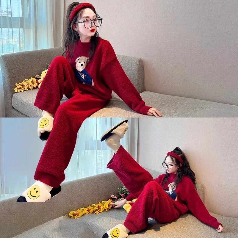 儿童睡衣女孩秋冬2024新款青少年女款半边绒家居服女童珊瑚法兰绒