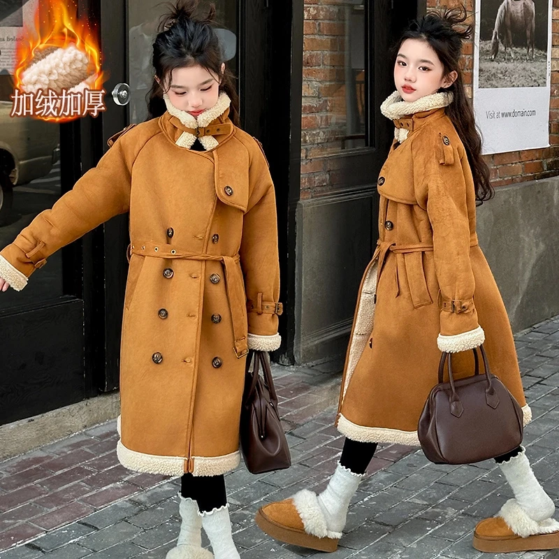女童秋冬款2024新款羊羔绒大衣外套皮毛一体中长款加绒加厚棉服潮