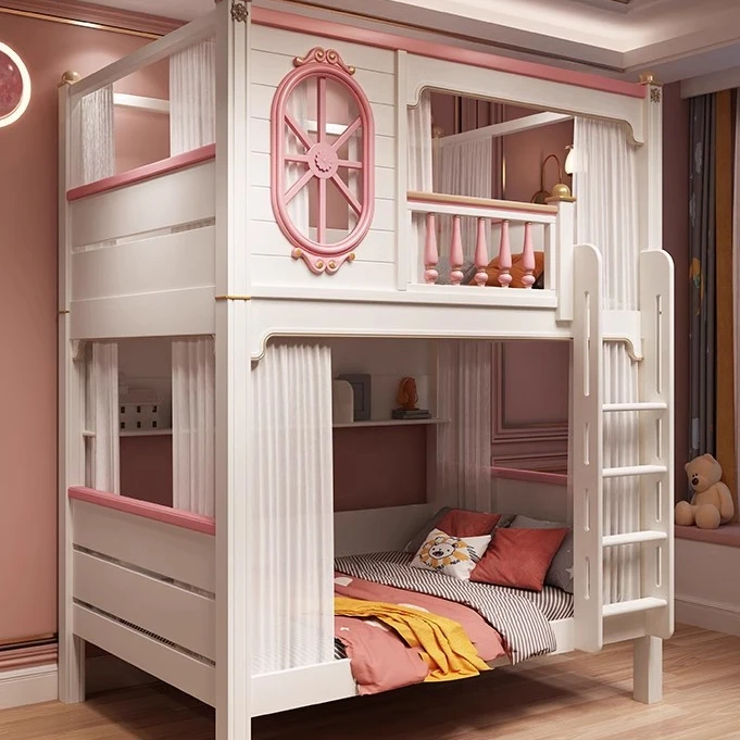 儿童双层床女孩公主床美式贵族高护栏高低床子母高架床同宽儿童房