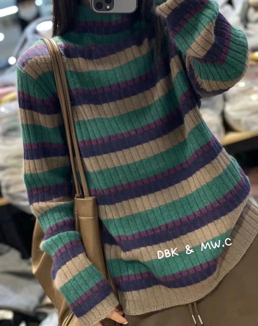 棉叙布衣分享原创设计绿条纹毛衣