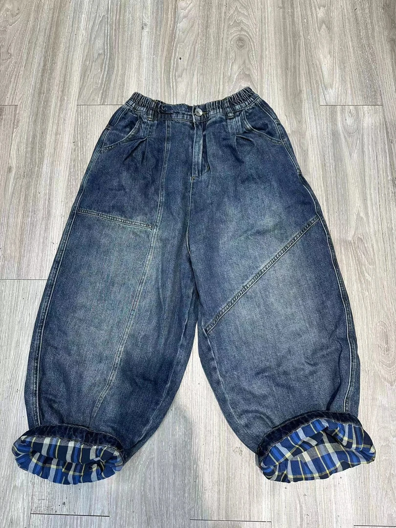 棉叙布衣分享9205#格子里衬双层牛仔裤