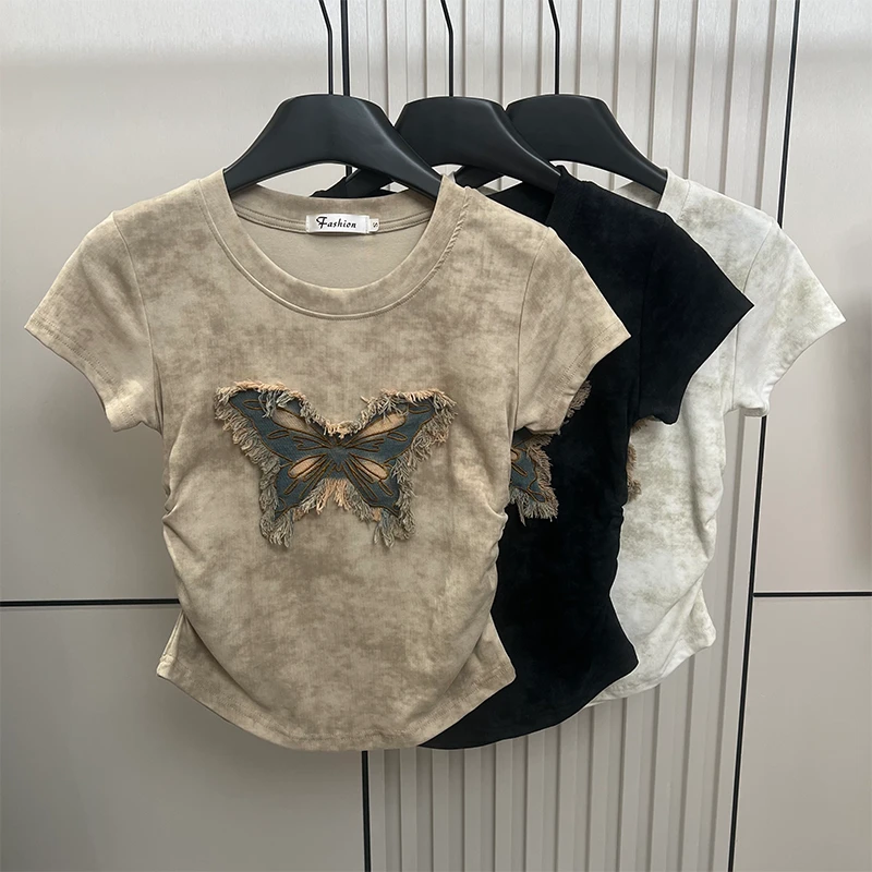 2024反季圆领蝴蝶扎染正肩修身显瘦女百搭