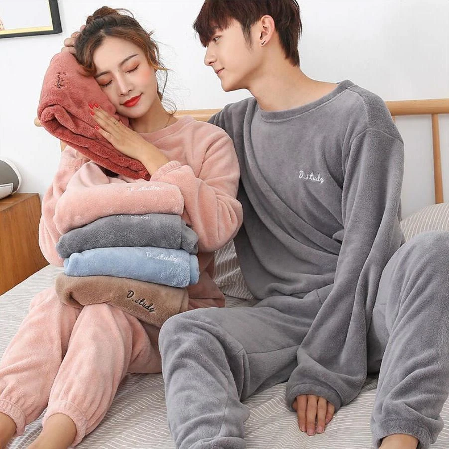 男女同款睡衣女暖暖套装冬季爆款珊瑚绒加绒简约保暖可外穿家居服