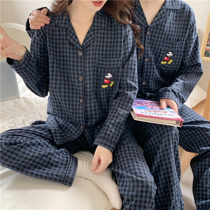 情侣男睡衣套装春夏季长袖米奇男女同款开衫春夏季宽松家居服新款