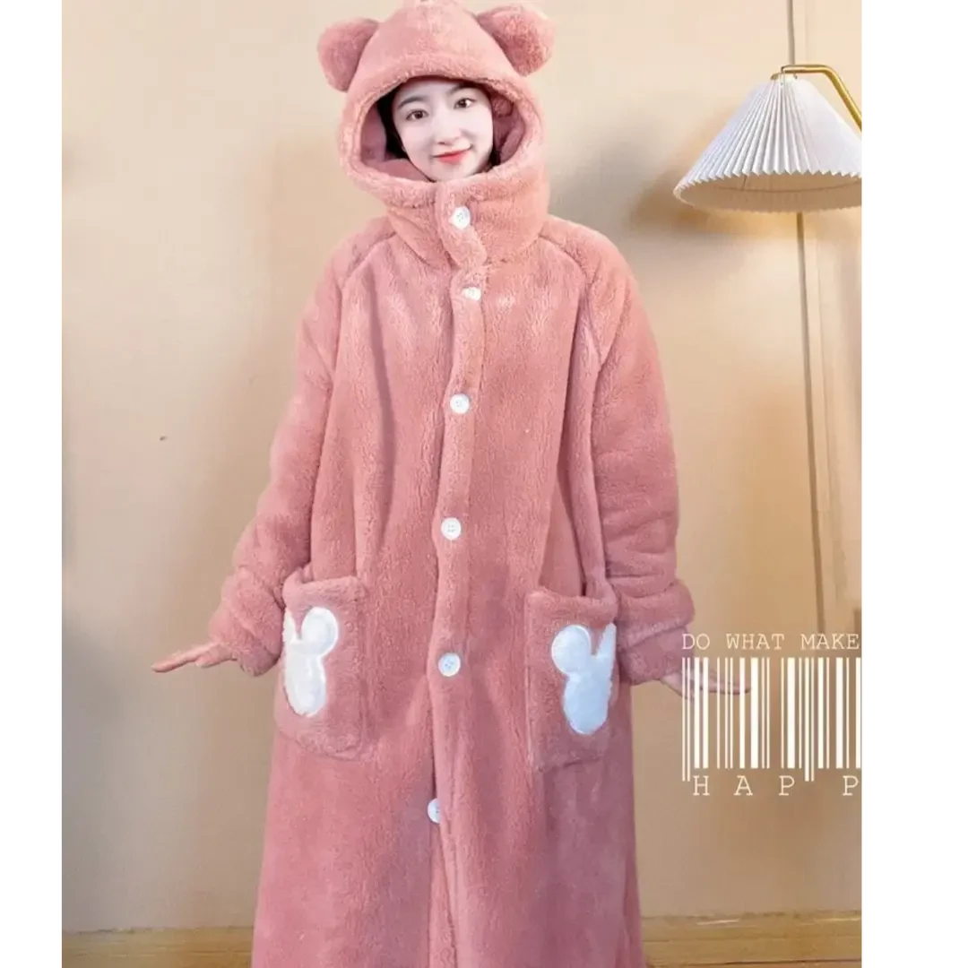 家居服睡衣睡袍秋冬款加绒加厚米奇卡通外穿长袍小姐姐卡通可爱