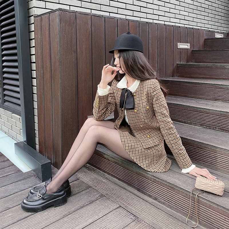【T2020】熊熊屋【英式贵族】显贵卡其千鸟格美拉德复古学院风三件套