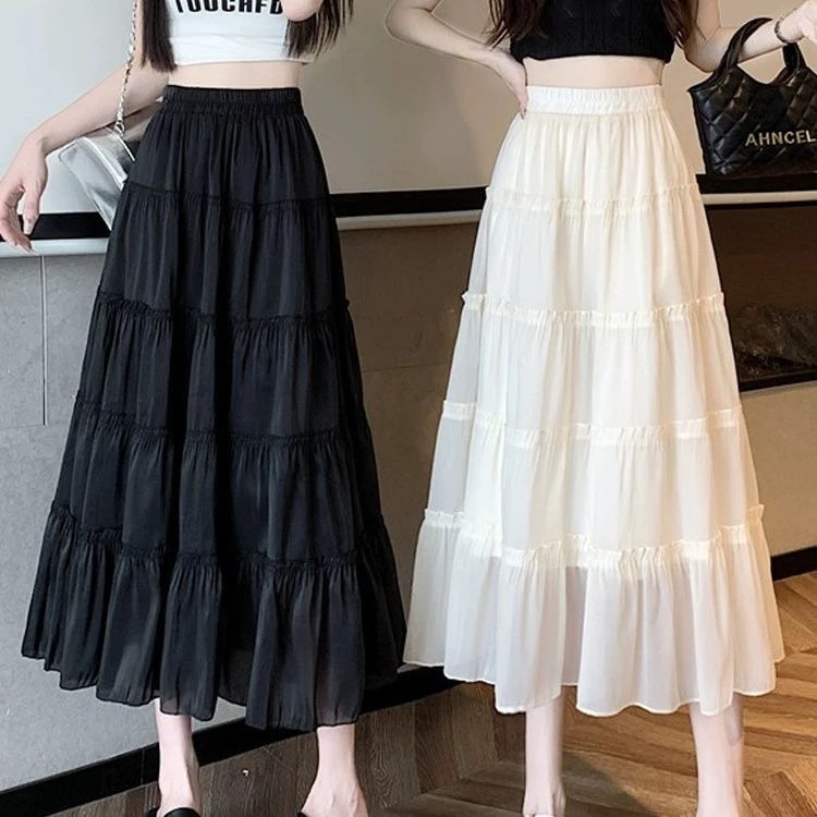 杏色半身裙女夏赫本风中长款A字显瘦蛋糕裙高腰垂感夏季半身裙