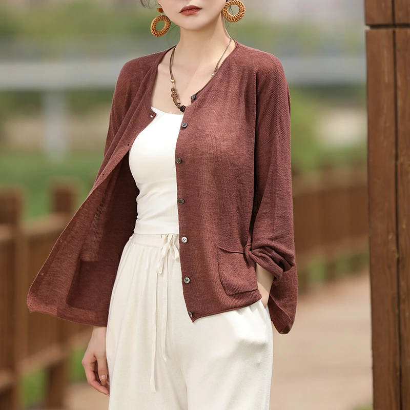 夏季100%纯羊毛开衫女外套宽松百搭防晒衫针织外搭