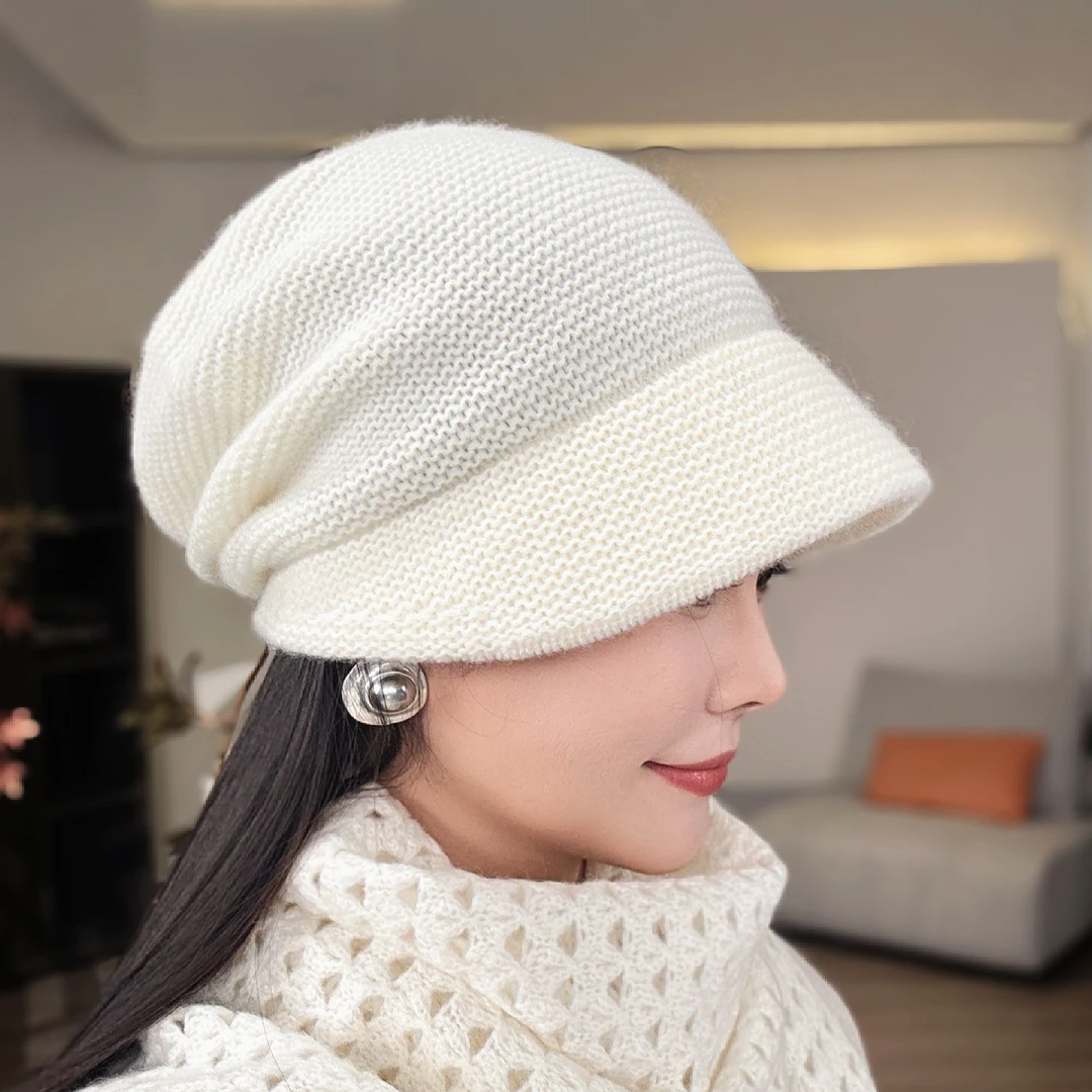 么斐秋冬女带帽檐堆堆帽子纯山羊绒针织帽显脸小冷帽毛线护耳百搭