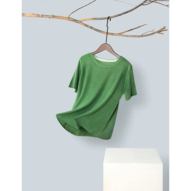 高端印彩女春夏精纺纯山羊绒薄款针织衫短袖圆领T恤半袖打底百搭