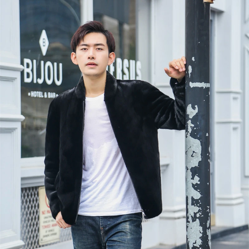 【Harris农场宝嘉美GQ级】貂皮男夹克棒球领 挖削+RIRI拉链+醋酸丝
