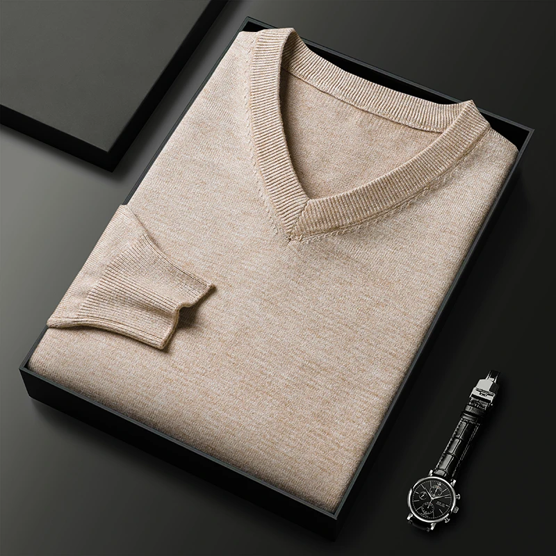 清仓100%纯羊毛衫男士秋冬保暖鸡心领毛衣纯色V领针织打底衫男款