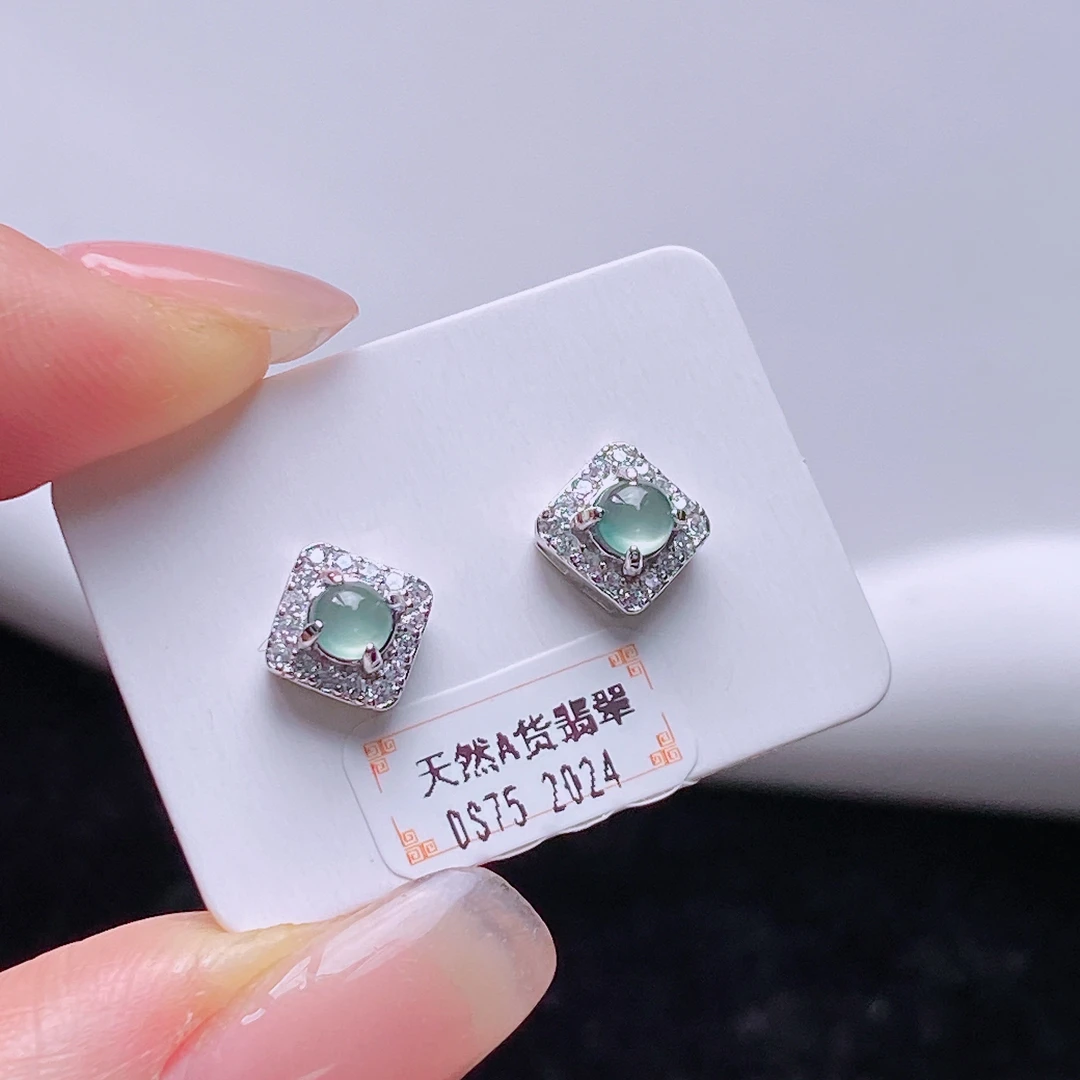 天然翡翠A货蓝冰设计款耳钉通体S925银镶嵌