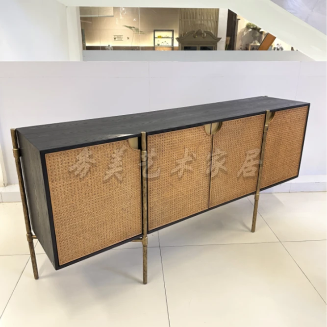 BORCH/博瑞奇复古锻打铜色铁脚木质边柜藤编多门双层柜子（06619）