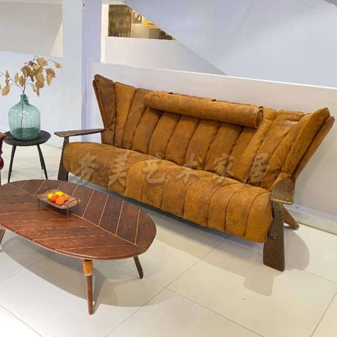 博瑞奇部落风棕榈木复古轻奢皮艺客厅塔斯三人位沙发（05784）