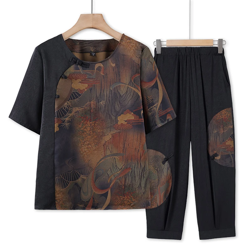 夏季高贵中老年人新中式短袖印花拼接套装遮肚显瘦大码气质妈妈装