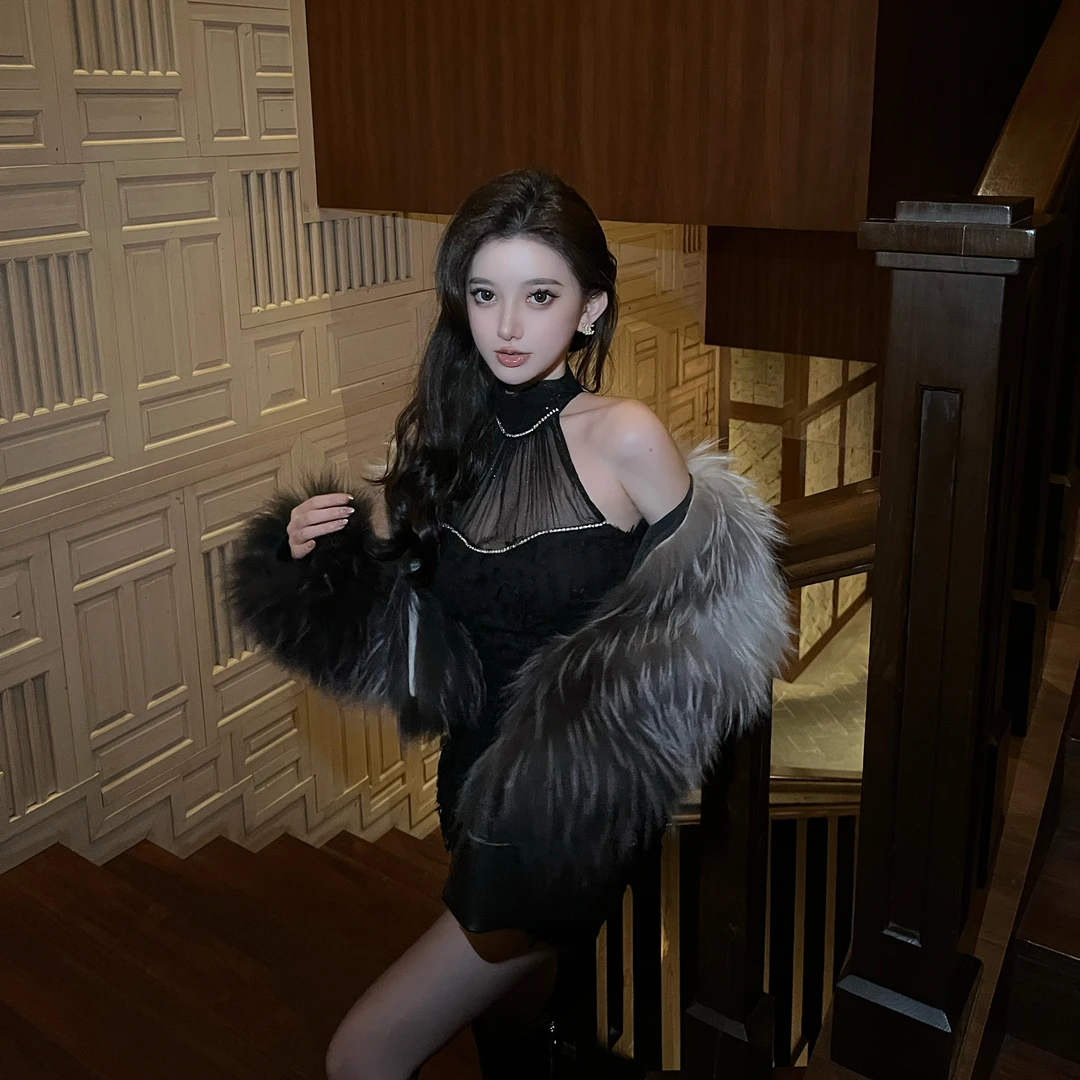 With 99jiu迷雾森林/渐变渲染毛毛短外套貉子毛气质名媛上衣R6036