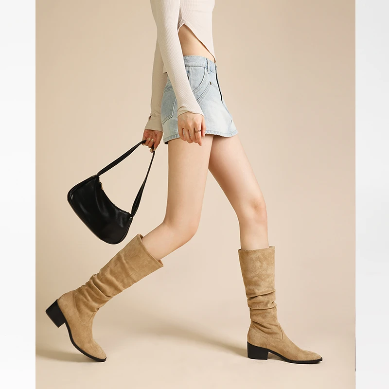 真皮复古褶皱堆堆靴女秋冬季粗跟西部牛仔靴不过膝高筒骑士靴长靴