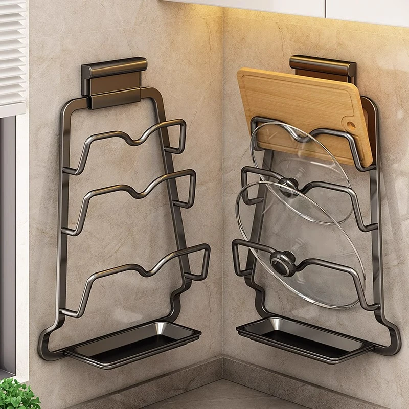 锅盖架壁挂式免打孔厨房置物架多功能家用收纳架菜板架多层带接水