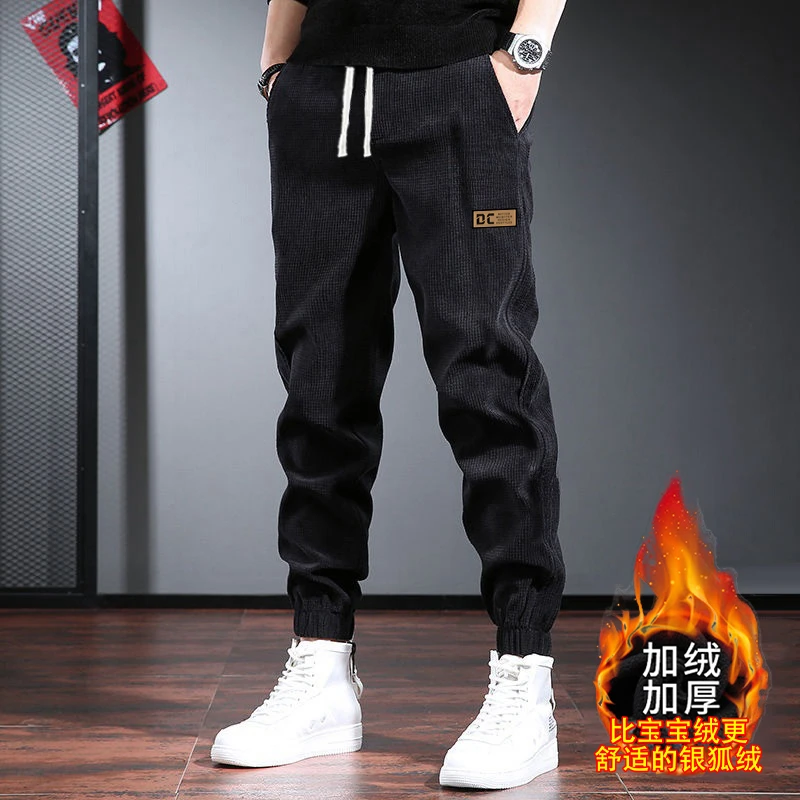秋冬季灯芯绒加绒运动裤男款休闲拼接裤男ins潮宽松百搭束脚卫裤