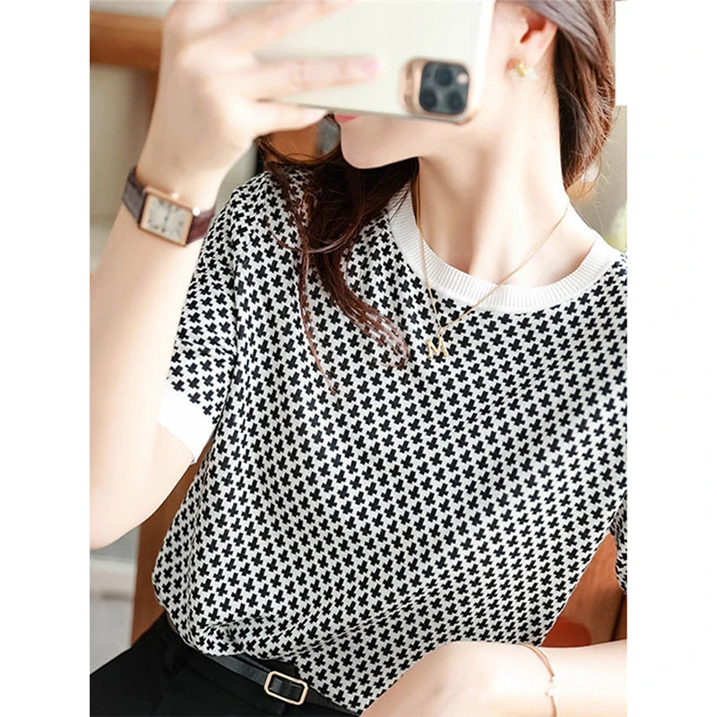 高端上档次短袖针织t恤女2025夏季新款洋气遮肚子冰丝薄款上衣女