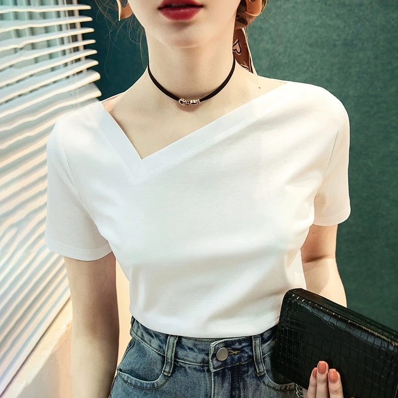 夏季高级感短袖t恤女冰丝2025新款女士白色v领高端上衣洋气小衫夏