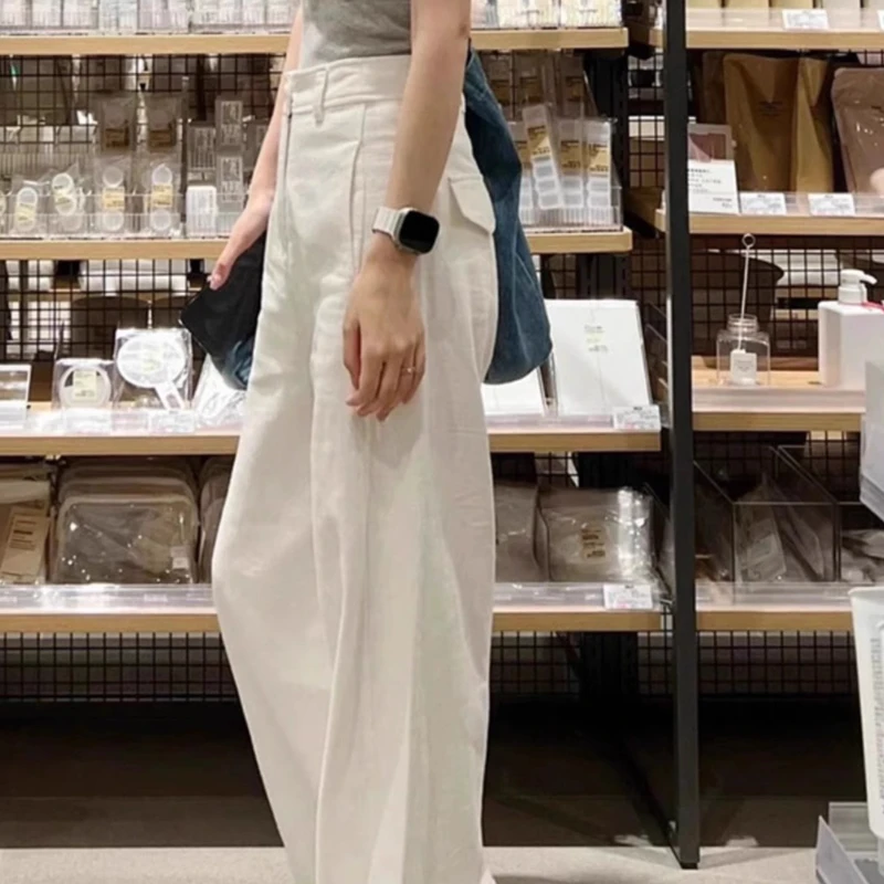 高档白色棉麻阔腿裤女夏季薄款小个子高腰垂感休闲直筒亚麻西装裤