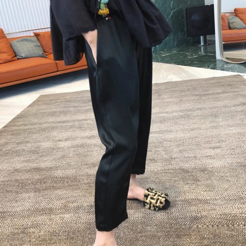 高档醋酸缎面哈伦裤女夏季薄款2025新款高腰垂感黑色冰丝九分裤子