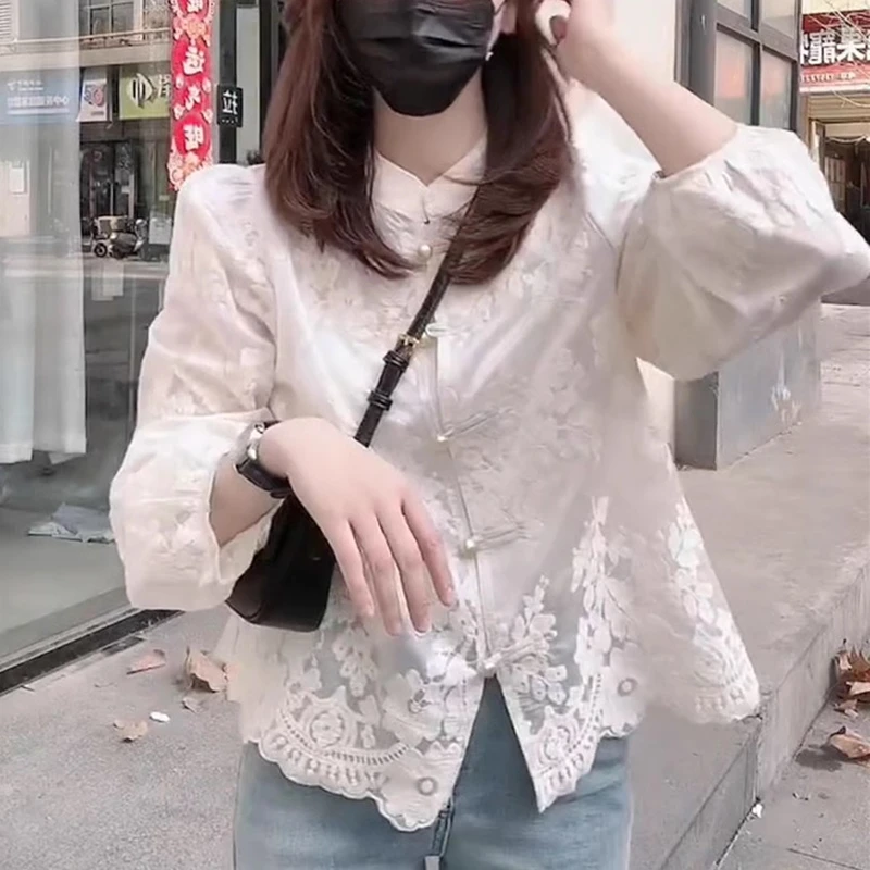 设计感盘扣蕾丝防晒衬衫女装2025新款夏季薄款新中式国风百搭上衣