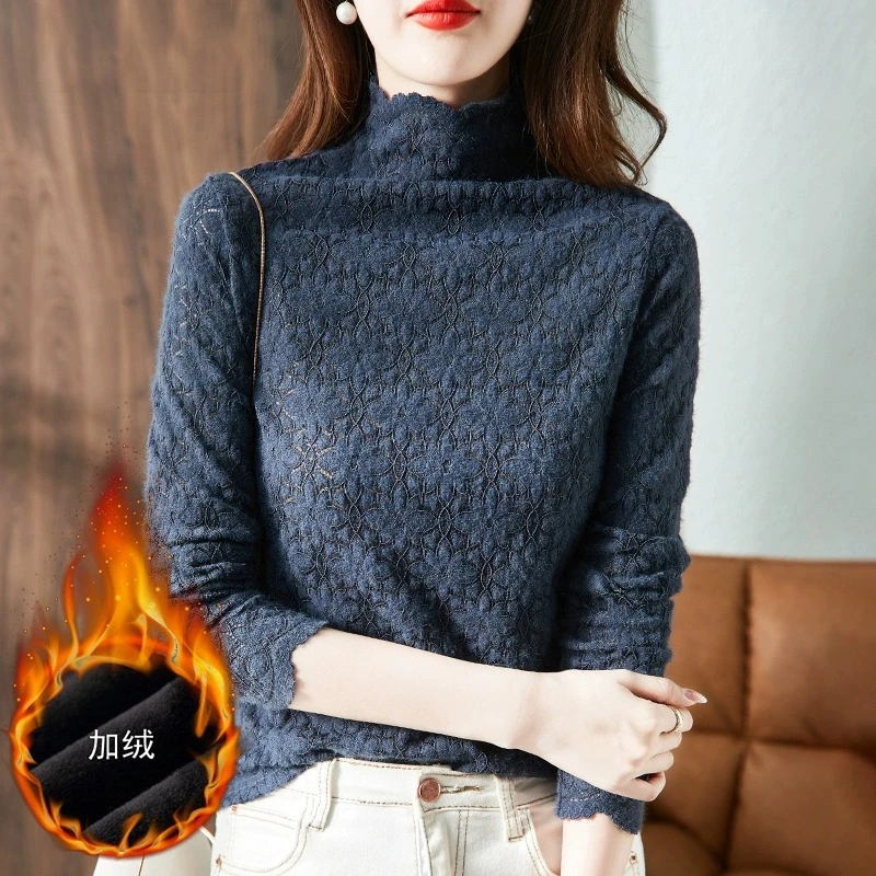 秋冬高端蕾丝高领打底衫女2025新款时尚洋气内搭小衫女装加绒上衣
