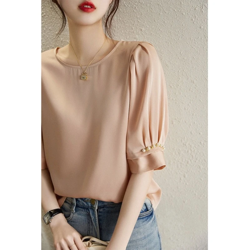 高级感气质短袖上衣雪纺衬衫女2025夏季女装白色遮肚子洋气小衫女