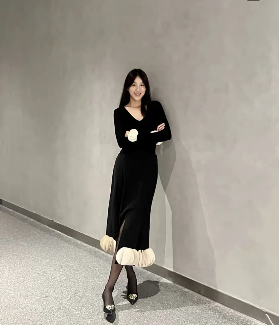 法式高级感黑色下摆圆片拼接开叉半身裙女老钱风高腰显瘦a字裙冬