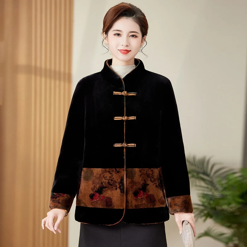 新款中国风皮毛一体外套富态婆婆仿水貂绒夹克立领仿皮草上衣民族