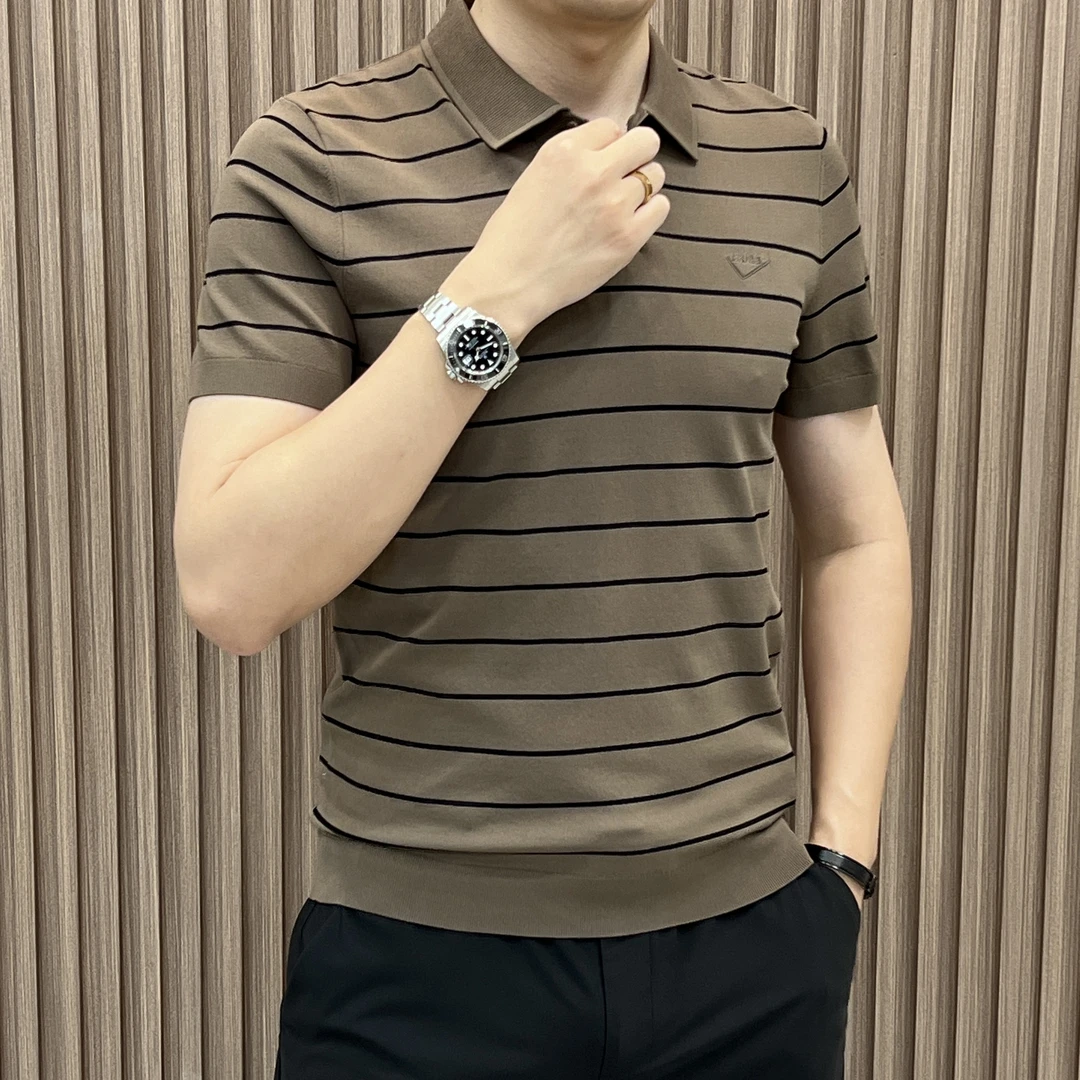 2025新夏季男士条纹POLO领针织短袖上衣商务休闲透气高品质百搭