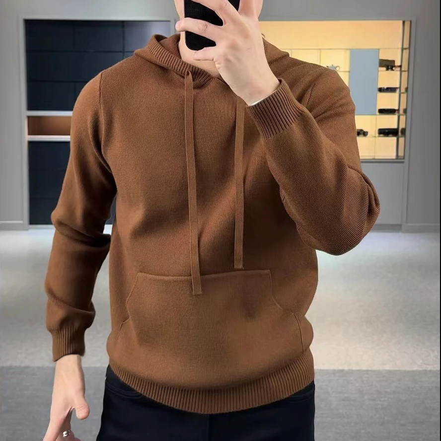 秋冬季新品男士保暖加厚卫衣休闲毛衣弹力针织帽衫简约柔软舒适潮