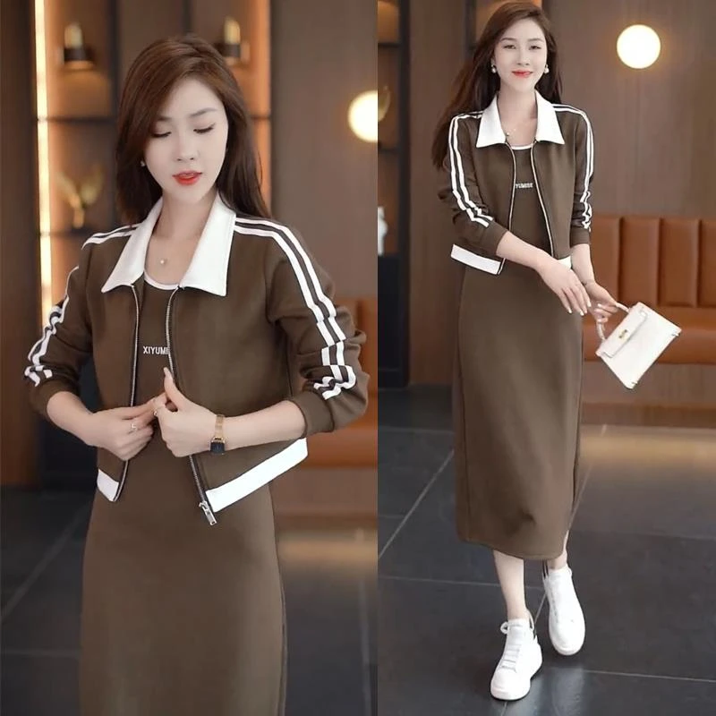 时尚休闲连衣裙套装女2025春秋新款韩版洋气显瘦短外套长裙两件套