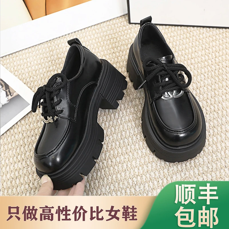 春秋真皮黑色厚底乐福鞋增高粗跟英伦风小皮鞋系带圆头复古乐福鞋