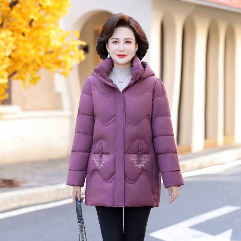 01棉服2024新款女装时尚爆款加绒加厚连帽中长款妈妈装保暖外套