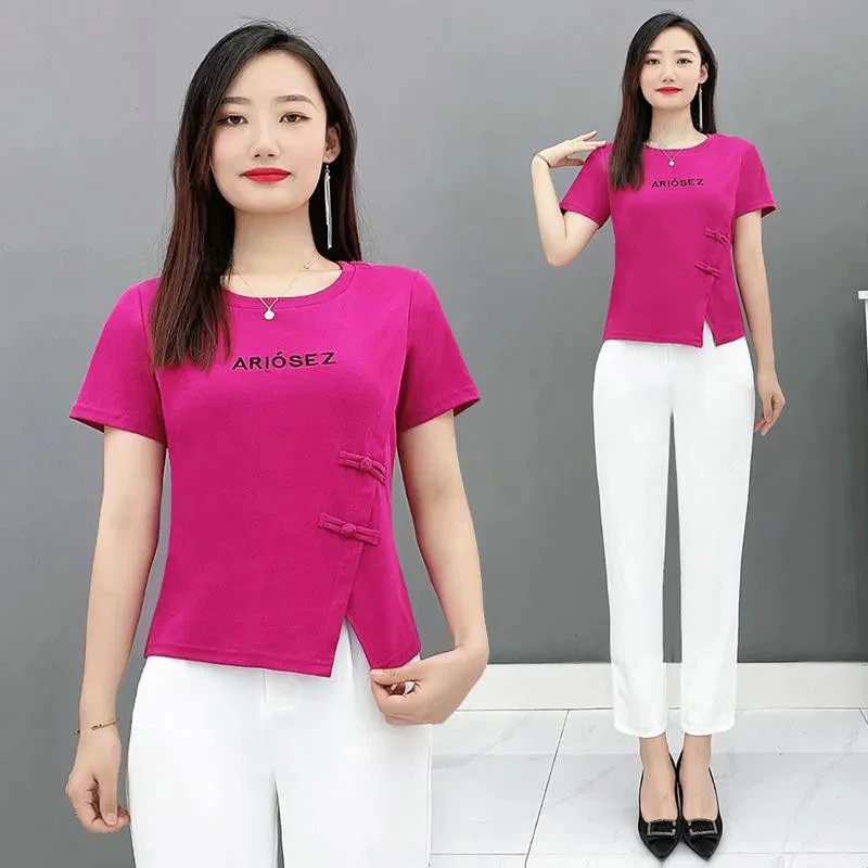 2025夏季圆领t恤女士短袖上衣国风休闲百搭减龄中年妈妈小衫