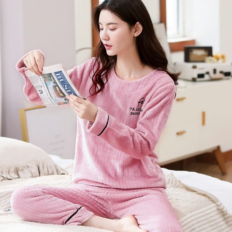 珊瑚绒睡衣女薄款春秋法兰绒两件套可外穿秋冬季家居服女加厚保暖