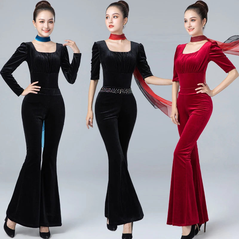 形体服套装女成人优雅仪态走秀训练服培训老师模特连档镶钻喇叭裤