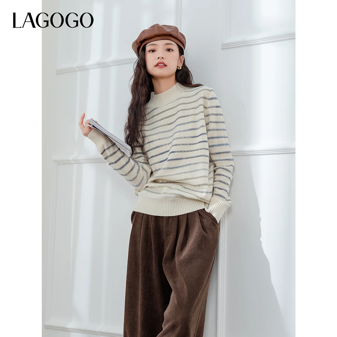 【陈大可】lagogo2024年新款撞色条纹提花软糯针织衫女NCMM429GC3