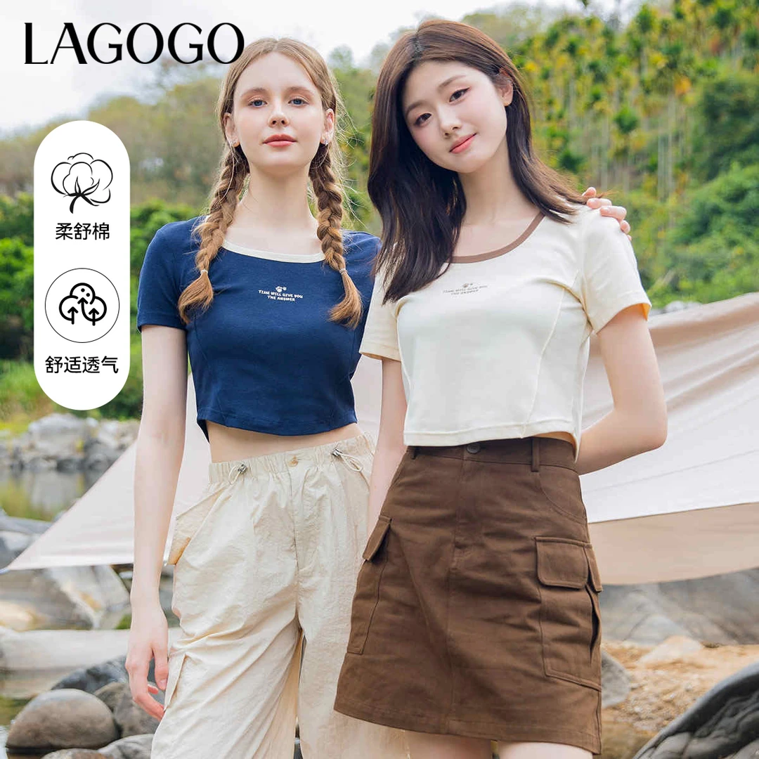 【芋总专属】lagogo新款弹力舒适方领显瘦猫爪T恤女NATT313G33