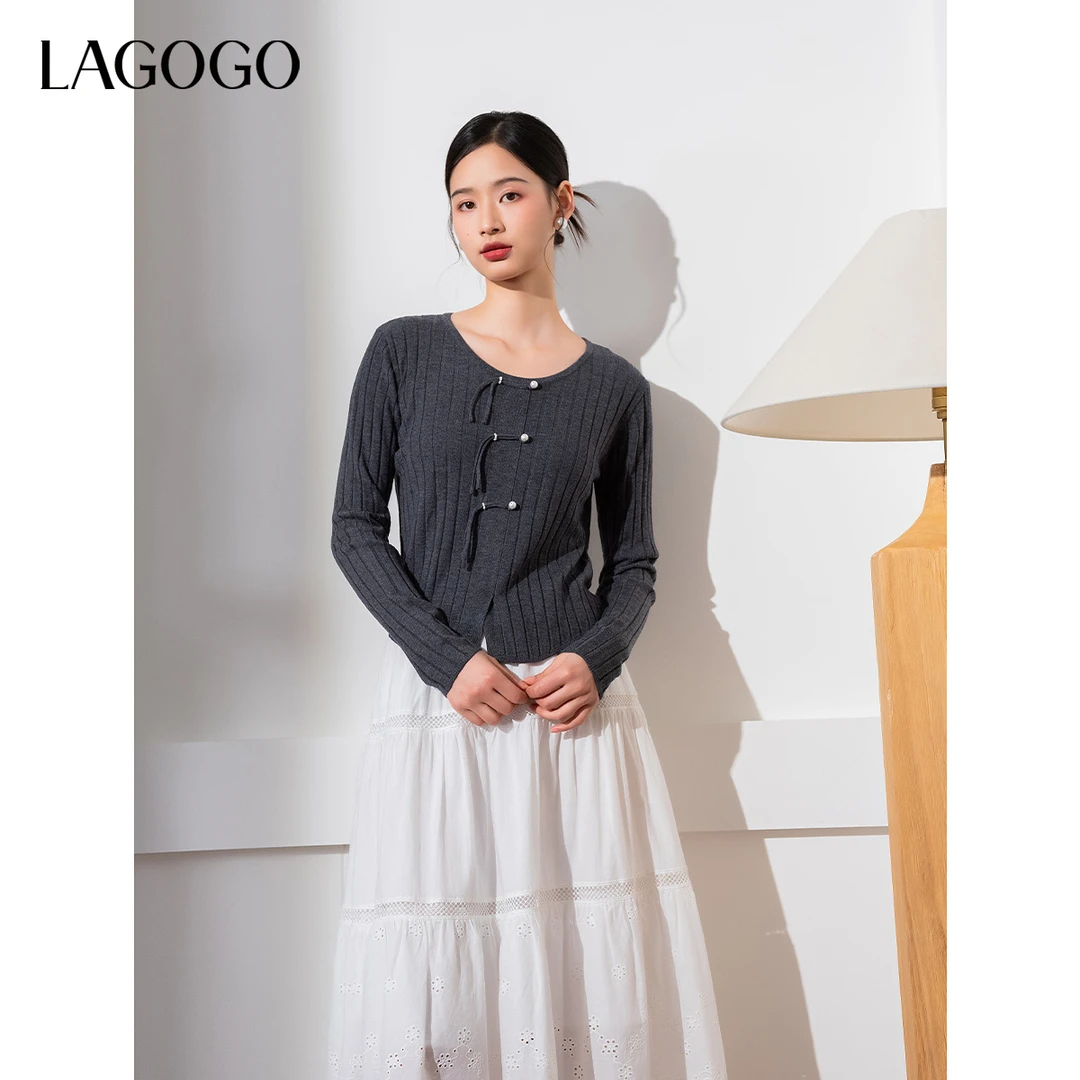 【艾美甄选】lagogo新款新中式盘扣优雅百搭针织女NCMM837G48