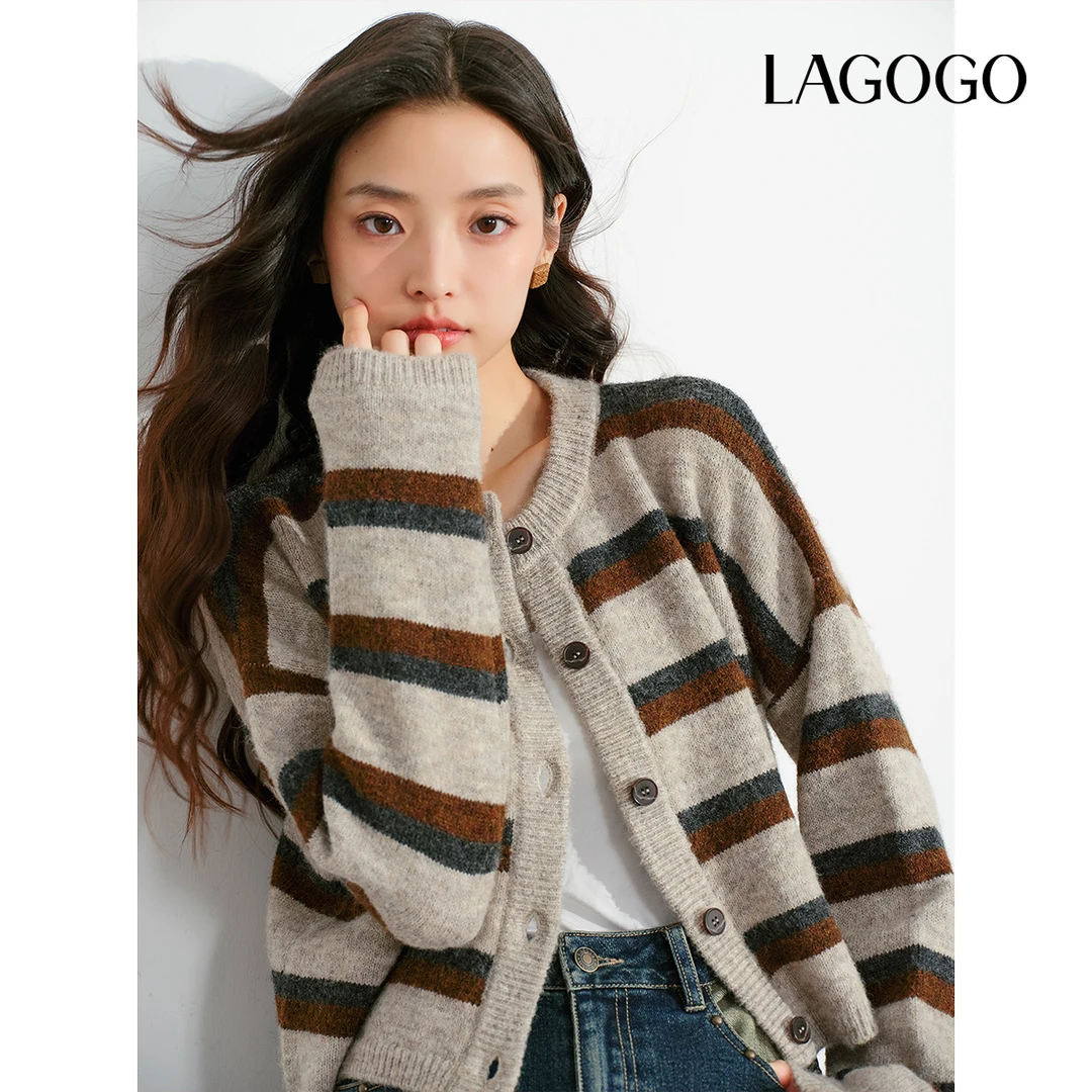 【王优秀专属】lagogo新经典圆领撞色条纹针织开衫女NCMM828G68