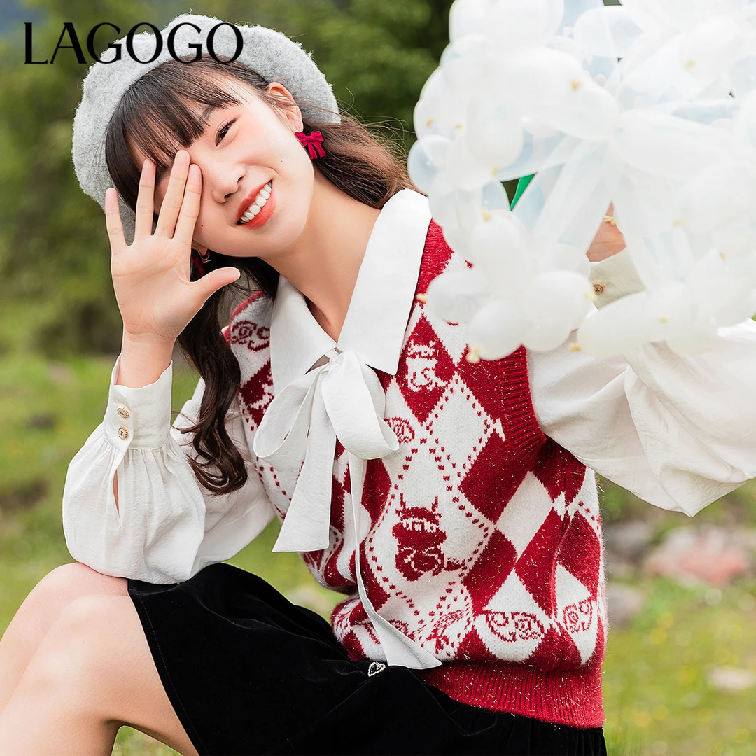 Lagogo菱形格小恐龙可爱针织马甲女MCMM007G35